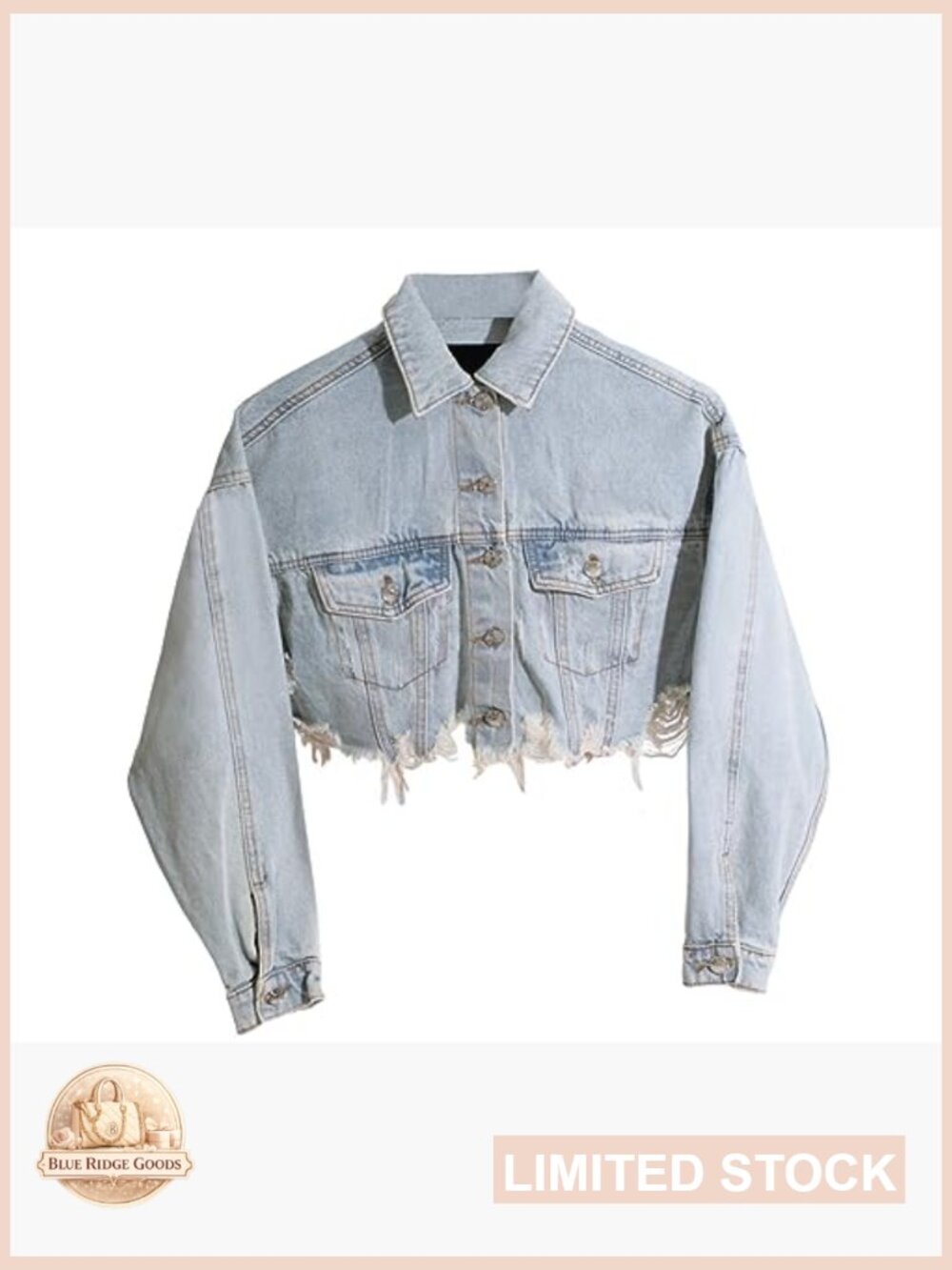 Cropped Denim Jacket Ripped Distressed Frayed Hem Vintage Chic Casual Wear - Picture 3 of 6